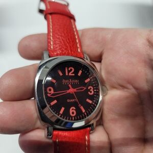 Joan Rivers Classic Watch Women 40mm Silver Tone - Red Leather Band New Battery